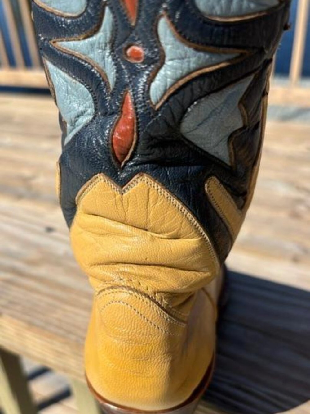 Yellow Leather Western Heeled Boots with Navy and Light Blue Accent - Picture 7 of 14